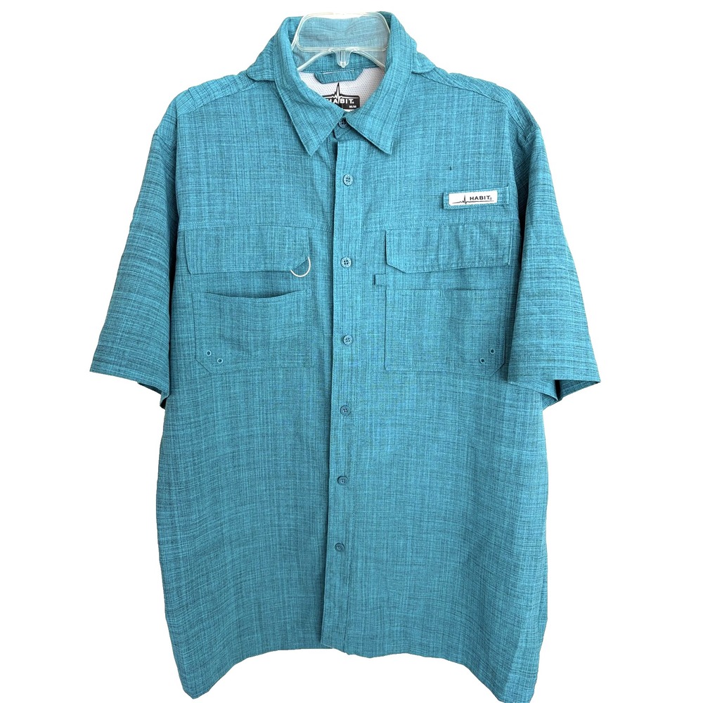 Habit Fishing Shirt Mens Medium Scuba Blue Heather Short Sleeve Vented UPF 40+